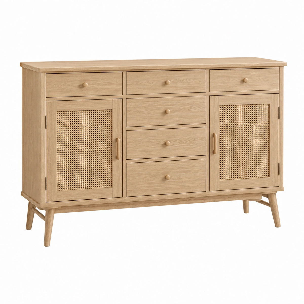 Sideboard 160 x 40 x 90 cm Holz Natur mit Geflecht und Schubladen im Retro-Stil