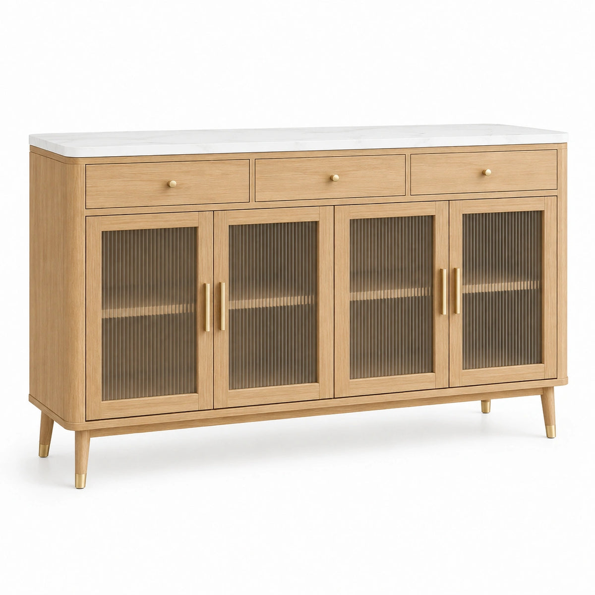 Sideboard 160 x 45 x 90 cm Holzwerkstoff Natur mit geriffeltem Glas und Marmoroptik Aufbewahrungsschrank