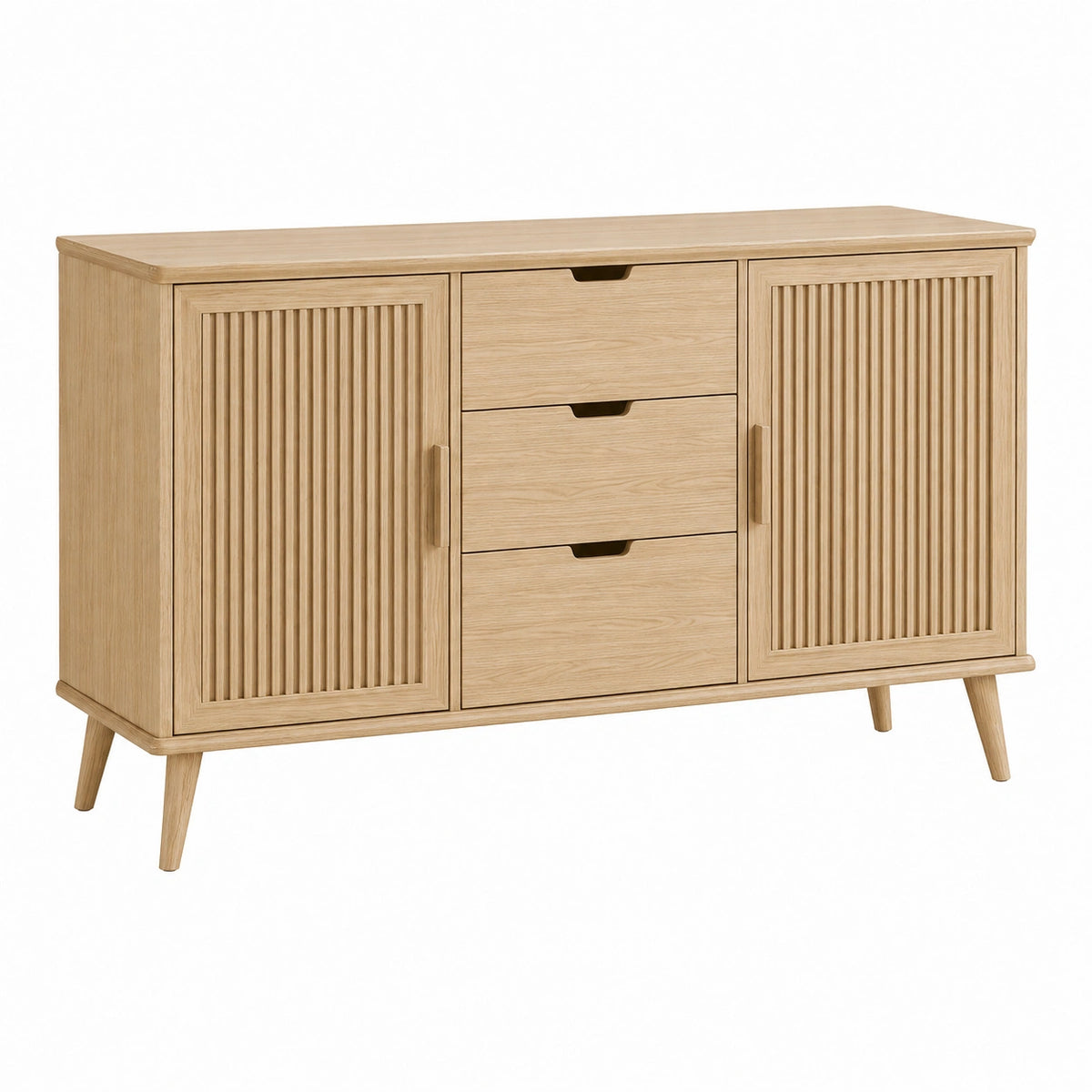 Sideboard 140 x 40 x 85 cm aus Holz Natur mit Lamellentüren und Schubladen