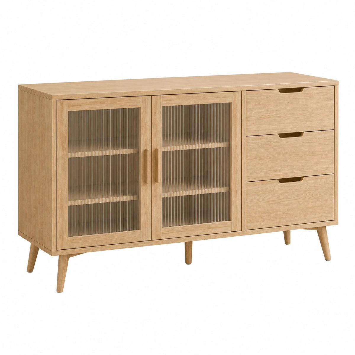 Sideboard 140 x 40 x 85 cm Holz und Riffelglas Natur - Stauraummöbel im skandinavischen Stil