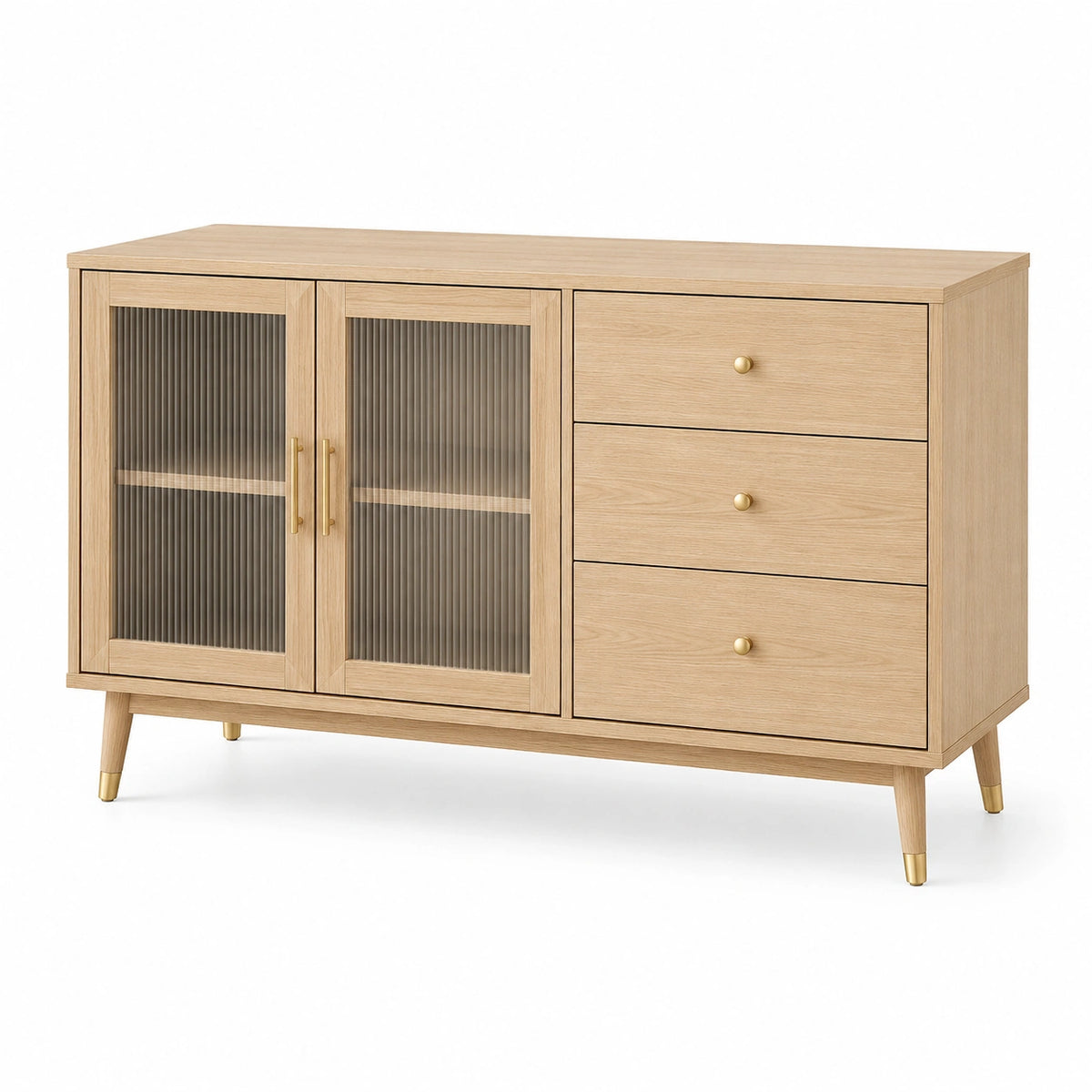 Sideboard 140 x 40 x 85 cm in Eichenoptik mit geriffeltem Glas und 3 Schubladen - Mid-Century-Stil