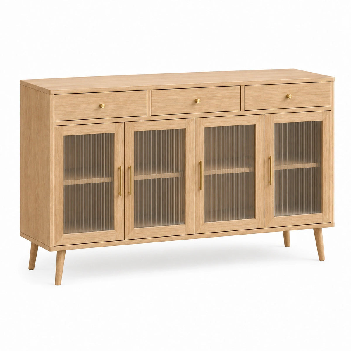 Sideboard 160 x 45 x 90 cm aus Holzwerkstoff in Natur mit Riffelglas im Mid Century Stil