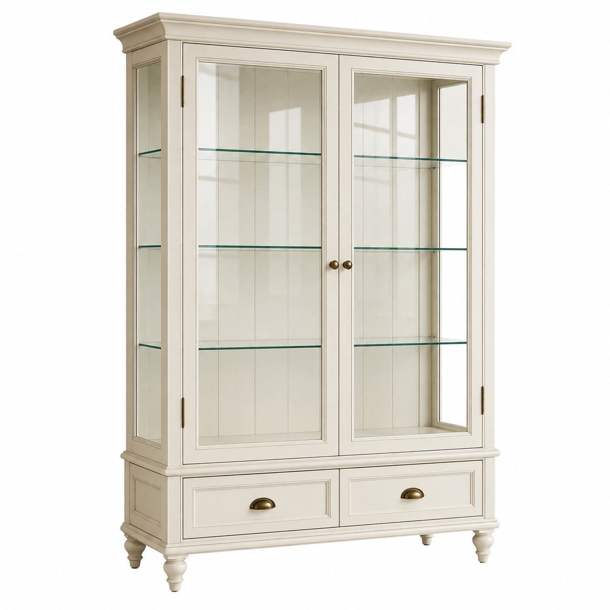 Vitrine 100 x 42 x 190 cm Holz und Glas Cremeweiß Landhausstil mit Schubladen