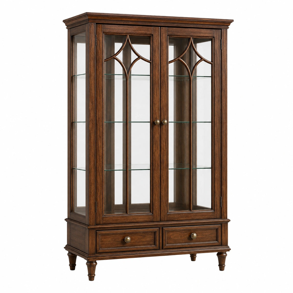 Vitrinenschrank 100 x 45 x 190 cm Holz Glas Braun klassisch mit 2 Türen und Schubladen