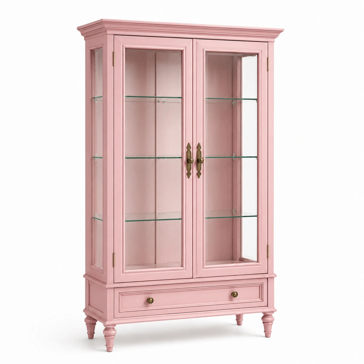 Vitrine 100 x 45 x 190 cm aus Holz und Glas Rosa im Landhausstil mit Schublade