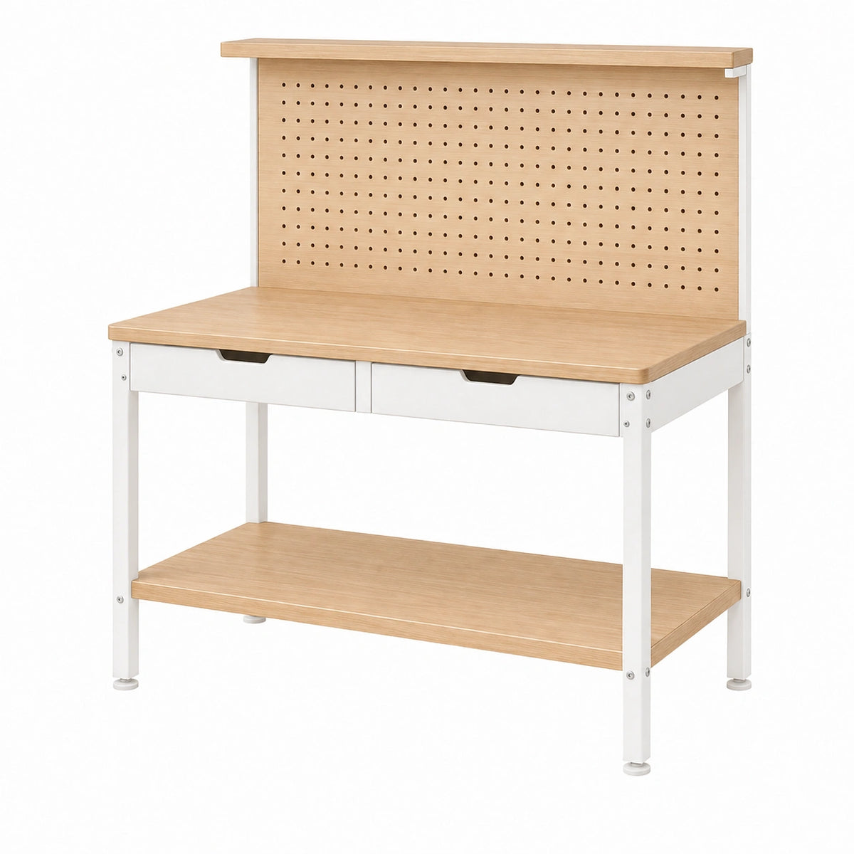 Werkbank 120 x 60 x 150 cm Holz Weiß Natur mit Lochwand und Schubladen