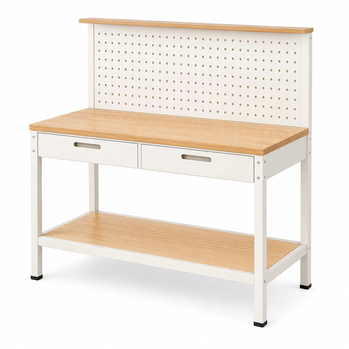 Werkbank 120 x 60 x 150 cm Holzwerkstoff Metall Weiß Natur mit Lochwand und Schubladen