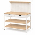 Werkbank 120 x 60 x 150 cm aus Stahl und Holzoptik Weiß/Natur mit Lochwand und Schubladen