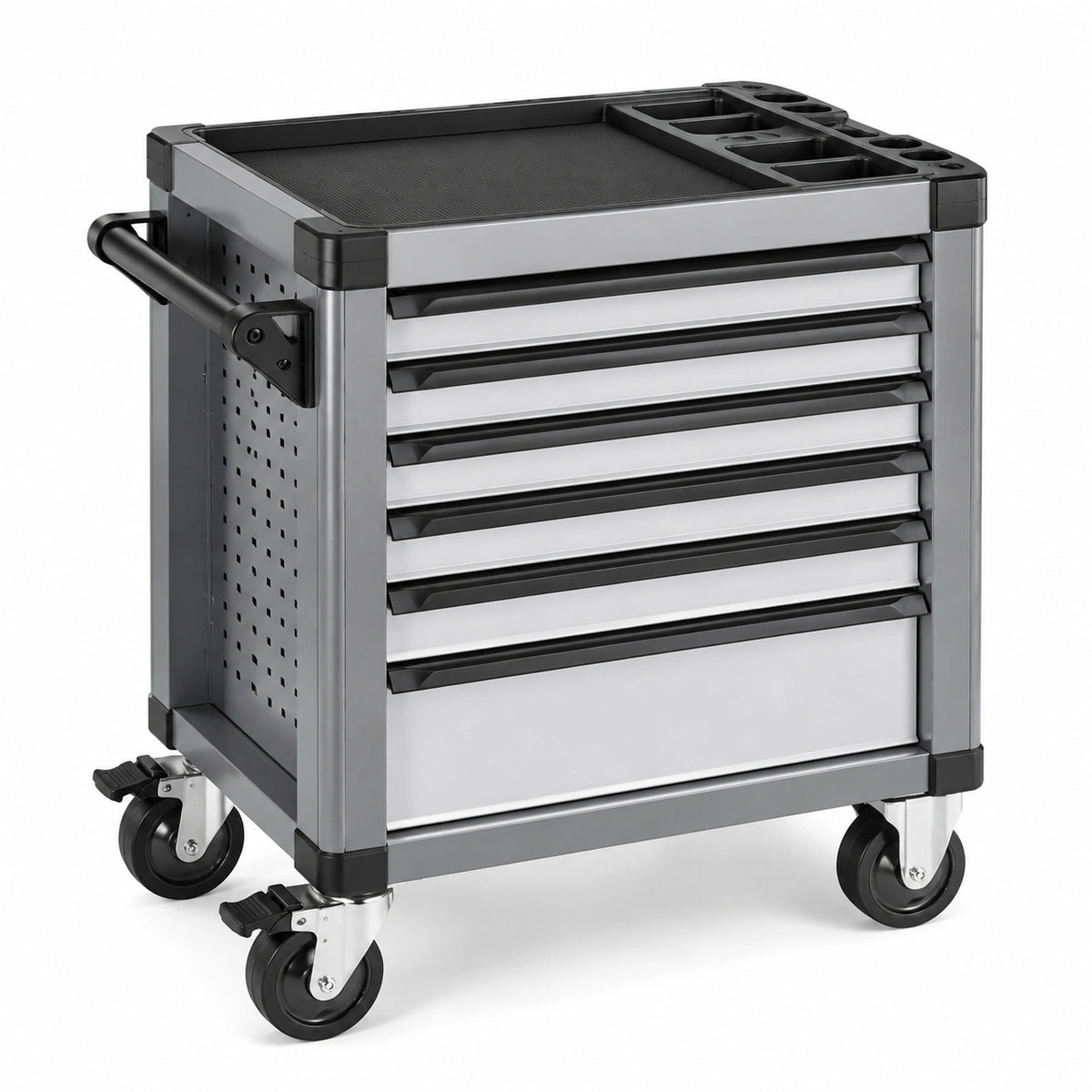 Werkzeugwagen 80 x 50 x 95 cm aus Stahl Silber Schwarz mit 6 Schubladen und Rollen