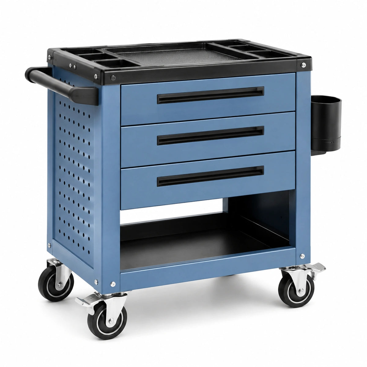 Werkstattwagen 80 x 45 x 90 cm aus Stahl Blau Schwarz mit 3 Schubladen und Rollen