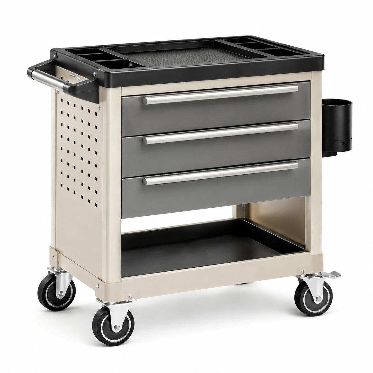 Werkstattwagen 85 x 50 x 95 cm aus Metall in Schwarz Silber mit 3 Schubladen und Rollen