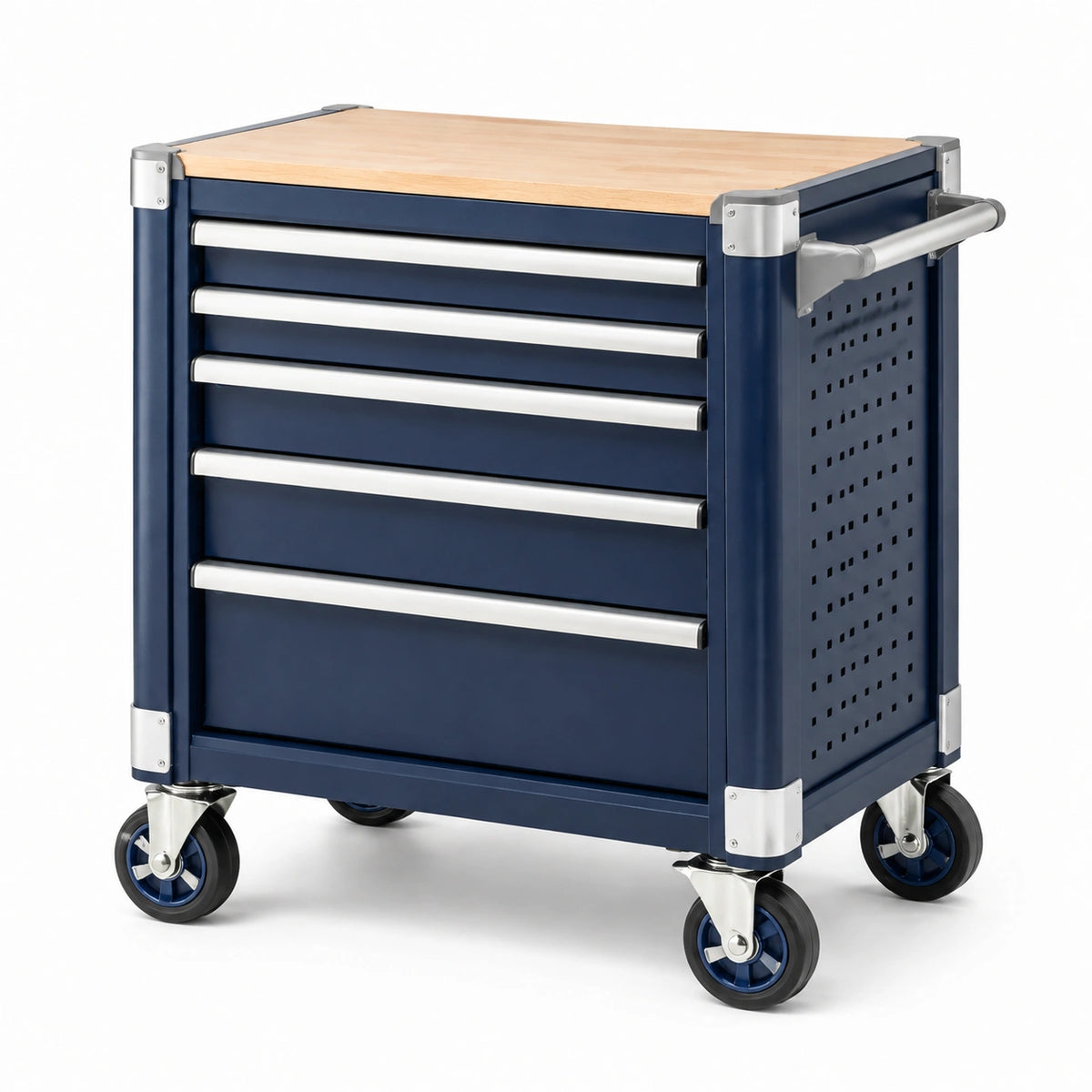 Werkzeugwagen 85 cm Stahl Holz Dunkelblau mit 5 Schubladen und Rollen
