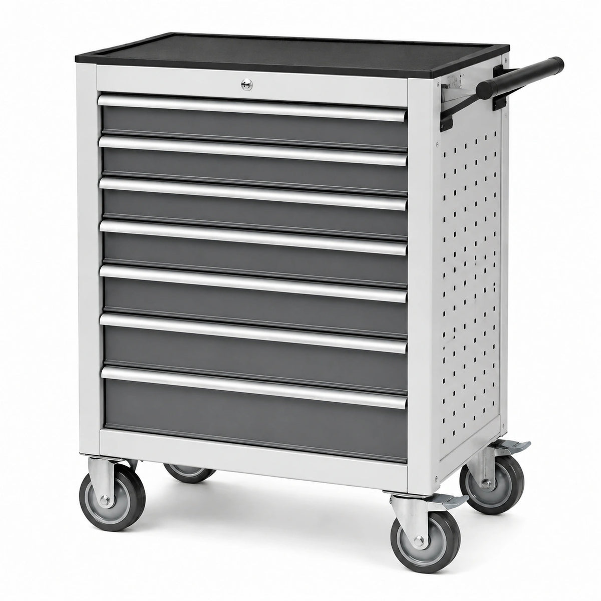 Werkzeugwagen 80 cm Stahl Silber Schwarz mit 8 Schubladen und Rollen